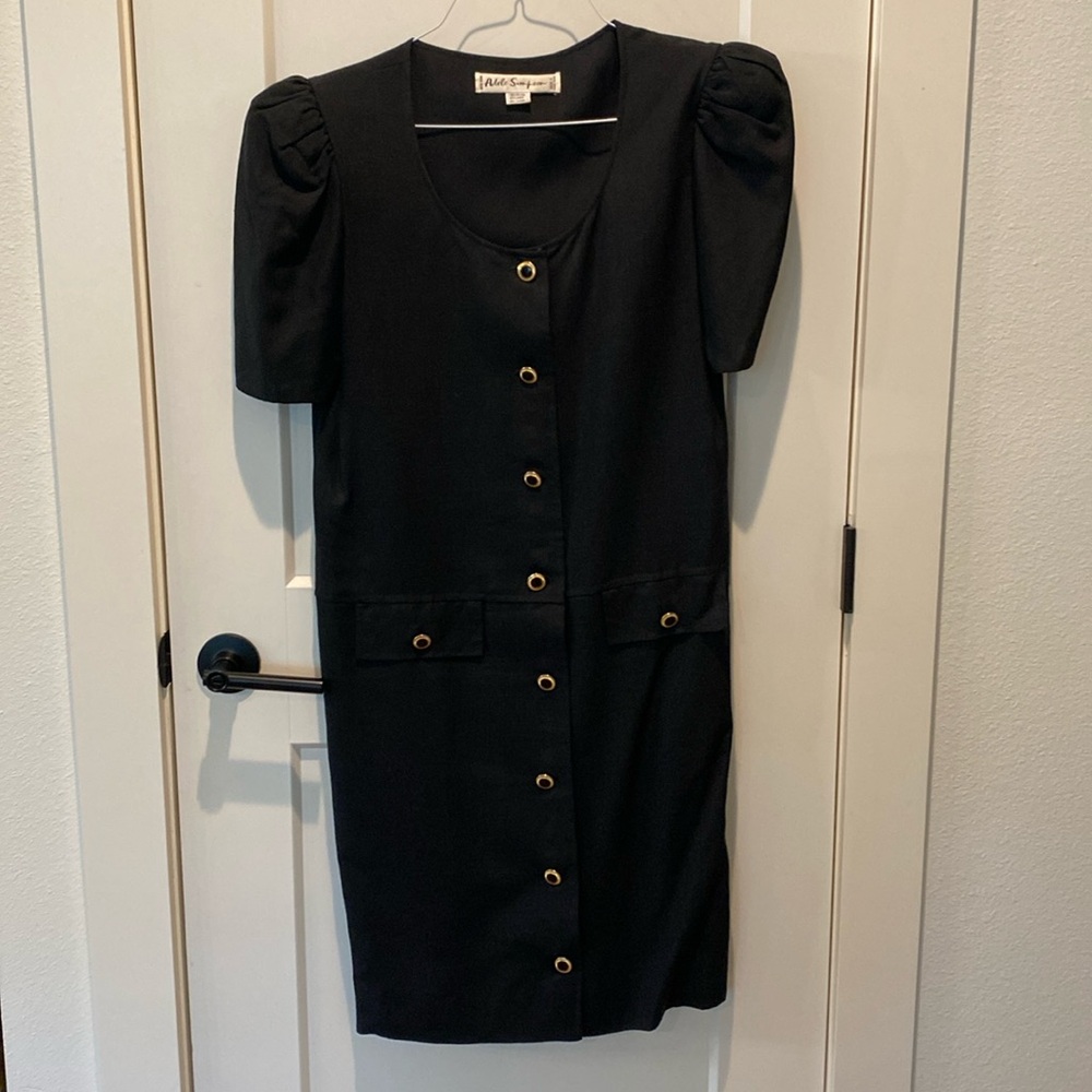Adele Simpson Vintage Black Dress.  Black/Gold Buttons‎ Down Front.  Size Large